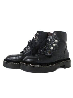 Chanel Short Boots Quilted Leather Faux Pearl Chain Black